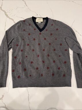 Gucci Gray V-Neck Sweater with Red Insect (See Photos)